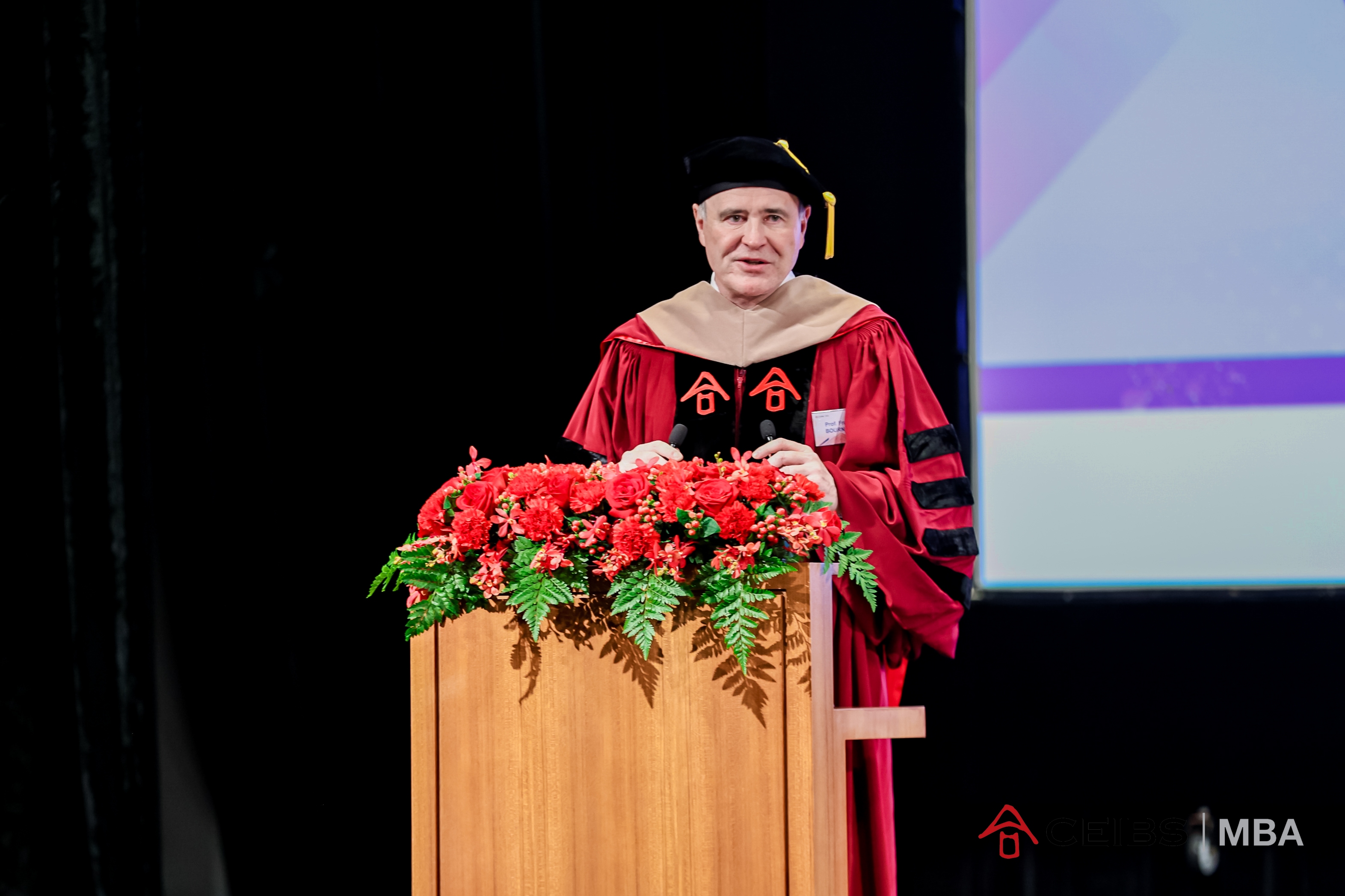 CEIBS Vice President and Dean Frank Bournois announcing the tassel-turning ceremony